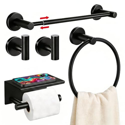 5Pcs Bathroom Hardware Set, Matte Black Bathroom Accessories Set with 24" Towel Bar, Upgraded Toilet Paper Holder with Shelf, Towel Ring & 2 Robe Hooks, Wall Mounted Stainless Steel Bath Hardware Set