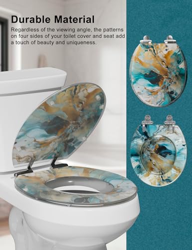Angol Shiold ROUND Resin Soft Close Toilet Seat Marble 16.5" | Quick Release Heavy Duty Decorative Acrylic Seats Easy to Install & Clean (Modern Green Marble Art Print) - color: Green Marble