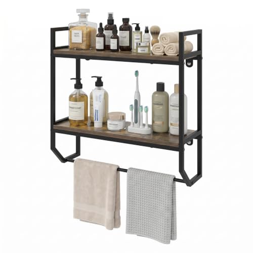 Giantex Bathroom Shelf with Towel Bar, Industrial Wood Wall Mounted Shelves | 2-Tier Over the Toilet Storage Organizer, Metal Floating Shelf with Towel Holder for Bathroom, Kitchen, Living Room, Gray Oak - color: Gray Oak
