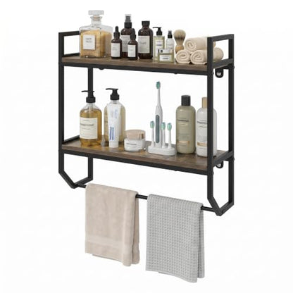 Giantex Bathroom Shelf with Towel Bar, Industrial Wood Wall Mounted Shelves | 2-Tier Over the Toilet Storage Organizer, Metal Floating Shelf with Towel Holder for Bathroom, Kitchen, Living Room, Gray Oak - color: Gray Oak