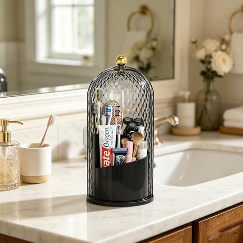Dustproof Toothbrush Holder with Lid, 360 Rotating Countertop Electric Toothbrush Toothpaste Holders with Cover for Bathroom, 3 Slots Makeup Brush Holder with Lid for Vanity, Black - color: Dia Black