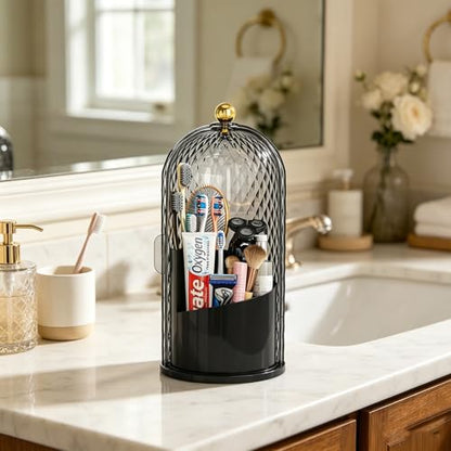 Dustproof Toothbrush Holder with Lid, 360 Rotating Countertop Electric Toothbrush Toothpaste Holders with Cover for Bathroom, 3 Slots Makeup Brush Holder with Lid for Vanity, Black - color: Dia Black