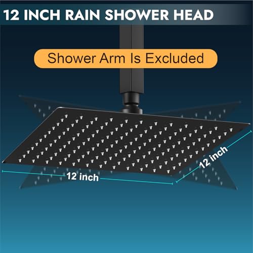 Midanya Square Rain Shower Head,High Pressure,Matte Black 12 Inch | 360°Swivel,Ceiling or Wall Mount,Waterfall Full Body Coverage,Bathroom Remodel,Stainless Steel Large Rainfall Shower Head - color: Black, size: 12 Inch