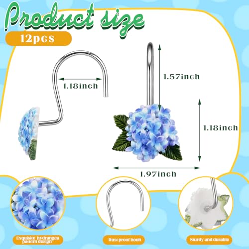 12 Pcs Hydrangea Decorative Shower Curtain Hooks Blue Flower Shower Curtain Rings Hanger Stainless Steel Resin Spring Floral Themed Hooks for Home Bathroom Decor - style: Hydrangea