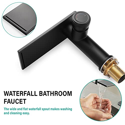 becola Modern Bathroom Sink Faucet，Black Bathroom Faucet，Waterfall Faucet for Bathroom Sink，Single Hole Cold and Hot Vanity Faucet，Single Handle Vessel Sink Faucet with Adjust Knobs and Deck Plate - color: Matte Black, size: low