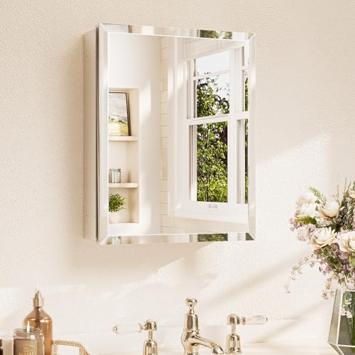 TETOTE 16 x 20 Bathroom Mirror with Storage with Tempered Beveled Mirror Silver Medicine Cabinet Aluminum Cabinet DTC Hinges, Stepless Adjustable Shelves, Recessed/Surface-Mounted - color: Silver, size: 20"L x 16"W