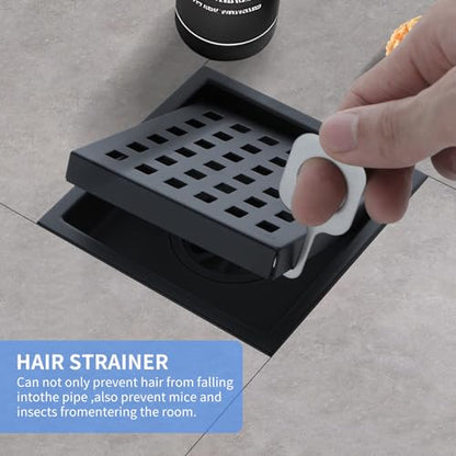 Square Shower Drain 4-Inch with ABS Flange, Matte Black, Removable Grille,Bathroom Stainless Steel Shower Floor Drain - color: 4-inch Matte Black