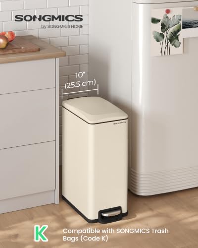 SONGMICS Slim Trash Can, 13-Gallon (50 L) Garbage Can for Narrow Spaces with Soft-Close Lid, Inner Bucket, and Step-on Pedal, Stainless Steel, 15 Trash Bags Included, Sand Beige ULTB510A01 - color: Sand Beige, style: 13 Gal.