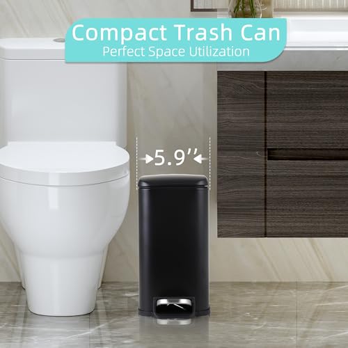 Small Bathroom Trash Can with Lid, 5 Liter/1.3 Gallon Stainless Steel Small Garbage Can with Removable Inner Bucket & Soft-Close Foot Pedal, Slim Trash Can for Bathroom, Bedroom, Office (Black) - color: Black, size: 1 Pack