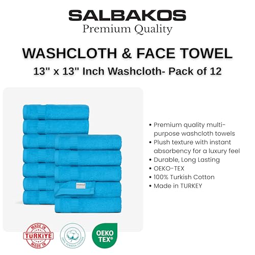 SALBAKOS 12-Piece 100% Turkish Cotton Washcloths and Face Towels, Aqua | 13x13 in Standard Size Small Towel, Multi-use Bathroom & Kitchen, Thick Super Soft Absorbent Durable, Oeko-Tex Made in Turkey - color: Aqua, size: 12 Washcloths