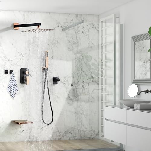 Rainfall Shower Faucet Set with Tub Spout 8 Inch Shower Head | Rain Shower and Handheld Shower System Square Wall Mount for Bathroom - color: Black＆Gold, style: 8 Inch