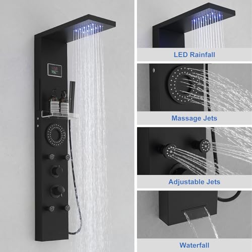 RUMOSE Dark Black Shower Panel Tower System, 5-Mode Shower Faucet Set | LED Light Rainfall Shower Head Digital Display with Massage Jets Tub Spout Shower Shelves, Stainless Steel, Wall Mount - color: Dark Black