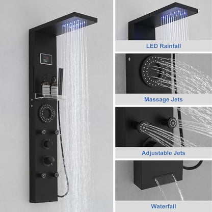 RUMOSE Dark Black Shower Panel Tower System, 5-Mode Shower Faucet Set | LED Light Rainfall Shower Head Digital Display with Massage Jets Tub Spout Shower Shelves, Stainless Steel, Wall Mount - color: Dark Black