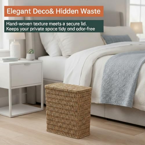 Coeusy 3 Gallon Paper Rope Bathroom Trash Can,Small Wicker Trash Cans with Lid and Liner,Woven Rattan Narrow Waste Basket for Bedroom,Office,Natural - color: Natural