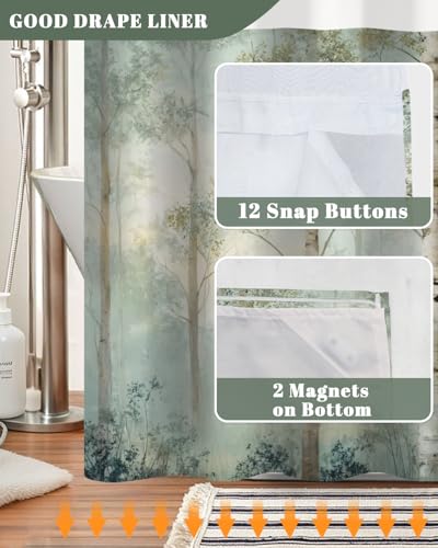 No Hook Woodland Shower Curtain with Snap in Liner, 71x74 Inch | Double Layer Waterproof Bath Curtain with Mesh Top, Soft Green Birch Trees Misty Forest Print for Modern & Farmhouse Bathroom - color: Forest-2