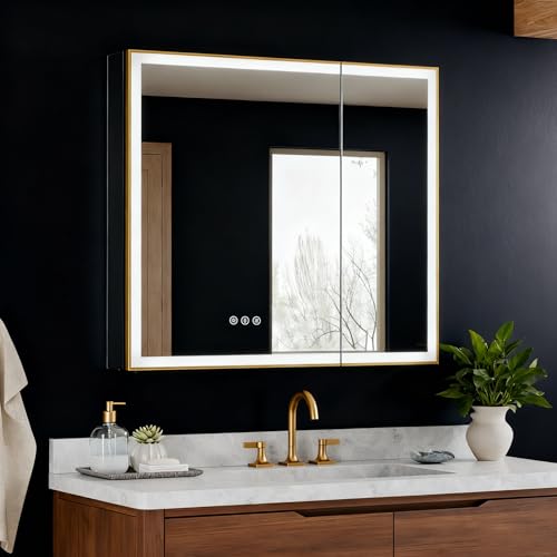 36x32 Premium Gold Framed Medicine Cabinet Mirror with Lights, Anti-Fog/3-Color/Dimmable, Aluminum, Plug-in & Hardwired, Surface Mount & Recessed, Centered Outlets & USBs, Magnetic Area - color: Gold, size: 36x32(R)