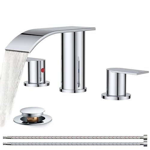 FORIOUS Bathroom Faucet 3 Hole 8 Inch Widespread Waterfall Polished Chrome | Bathroom Sink Faucet with Pop-up Drain and 24" Supply Lines, Two Handles, for Vanity Laundry Farmhouse School and Restroom - color: Chrome
