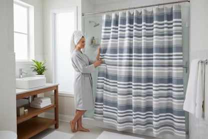 Modern Coastal Stripe Shower Curtain, Blue White Gray Thick Cotton, 72x72 | Elegant Modern Nautical Beach Striped Denim White Grey Hotel Feel Fabric, 72" x 72" Luxury Cloth Bathroom Décor - color: Oasis Blue