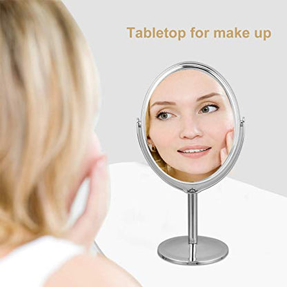 Desktop Swivel Bathroom Mirror Magnifying Cosmetic Mirror Vanity Mirror with Stand Desk Mirror Rotatable Double- Sided Round Swivel Mirror Mirror Metal Frame Mirror (Silver)