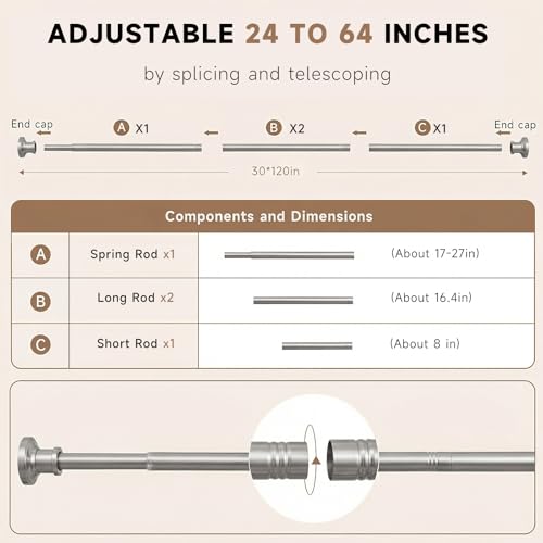 Brushed Nickel Tension Curtain Rod 24 to 64 Inch(2-5.3ft) - Stainless Steel Spring Tension Shower Curtain Rod, No Drilling Tension Rod for Curtains Windows Closet Kitchen - color: Brushed Nickel, size: 24-64 Inches