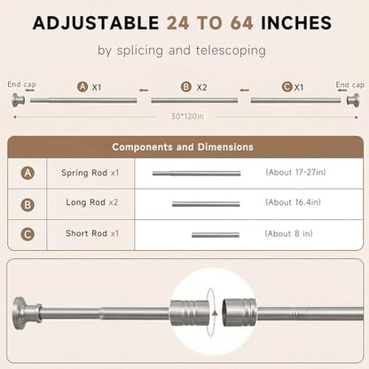 Brushed Nickel Tension Curtain Rod 24 to 64 Inch(2-5.3ft) - Stainless Steel Spring Tension Shower Curtain Rod, No Drilling Tension Rod for Curtains Windows Closet Kitchen - color: Brushed Nickel, size: 24-64 Inches