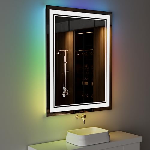 24x36 Inch RGB LED Bathroom Mirror with Lights | Front and RGB Backlit, Dimmable, Memory, Anti Fog, Shatterproof, Horizontal/Vertical, Lighted Mirrors for Bathroom Wall - color: Rgb Backlit, size: 24"L x 36"W