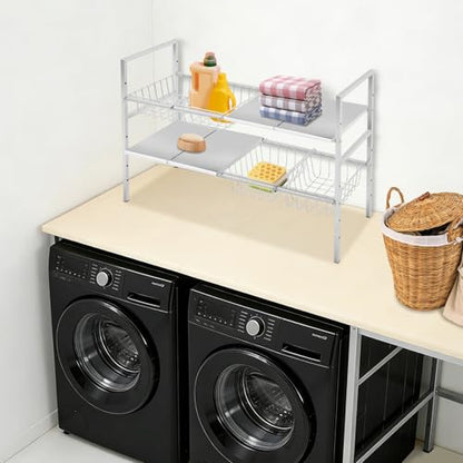 2-Tier Under Sink Organizer, Adjustable 20.9-34.6 Inch, Stainless Steel Cabinet Shelf with 4 Baskets, Cream White (Silver) - color: Silver
