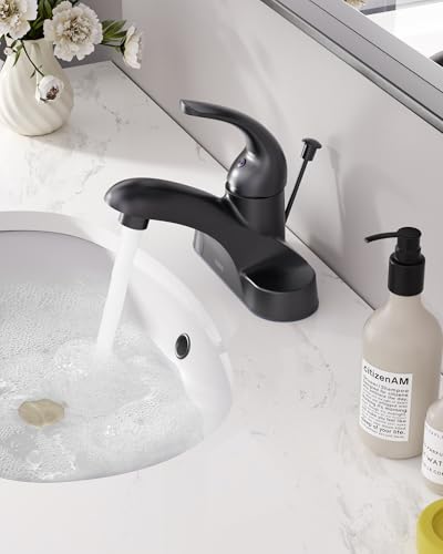 WOWOW Black Bathroom Faucet One Handle 4 inch Centerset Bathroom Faucets with Lift Rod Drain Assembly Sink Faucet Lavatory Faucet Matte Black Bathroom Faucets - color: Black