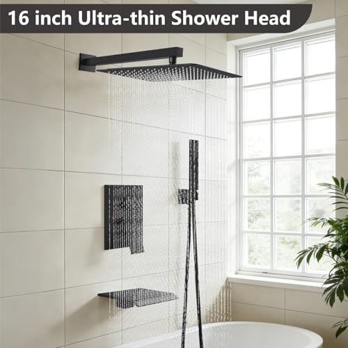 Midanya Shower System with Tub Spout,Bathtub Shower Faucet Set with Square Rainfall Head and Handheld Sprayer Wall Mount Tub Faucet Set with Valve and Trim Kit,16 Inch Matte Black - color: Matte Black, size: 16 Inch