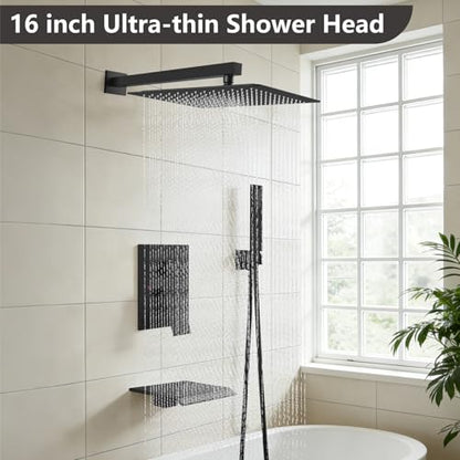 Midanya Shower System with Tub Spout,Bathtub Shower Faucet Set with Square Rainfall Head and Handheld Sprayer Wall Mount Tub Faucet Set with Valve and Trim Kit,16 Inch Matte Black - color: Matte Black, size: 16 Inch