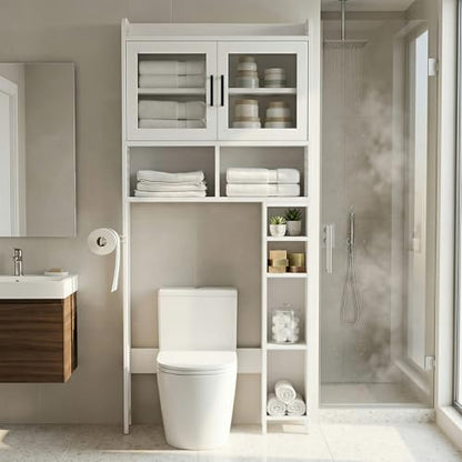 DHZ Over the Toilet Storage Cabinet, 65.55" H Bathroom Space Saver Organizer, 6 Movable Hooks & Paper Holder, Toilet Shelf for Restroom, Laundry, White
