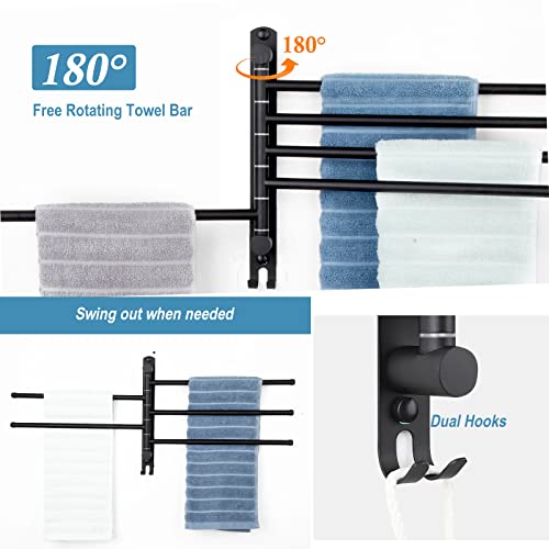 5-Arm Swivel Towel Rack - 180° Rotating Wall Mounted - 304 Stainless Steel Rustproof - Heavy Duty Space Saving for Bathroom Kitchen Laundry Room (Matte Black) - color: Black, size: 5 Arms