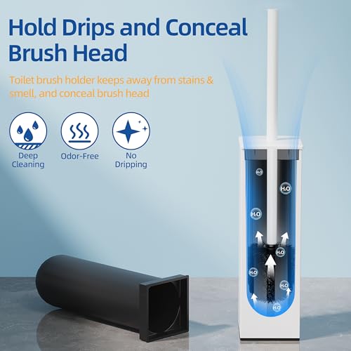 RUACQ Toilet Brush and Holder Set, Square, White, 2 Pack | SUS304 Stainless Steel Handle, Toilet Cleaner Brush with Durable Scrubbing Bristles, Splash-Proof - color: White, size: 2 packs