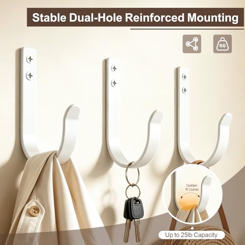 10 Pack Large White Metal Wall Hooks for Coats and Towels | Screw mount hardware, outdoor closet door bathroom use, backpack robe utility - color: 10PACK + White
