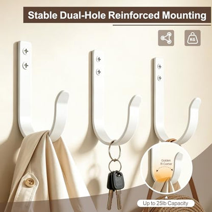 10 Pack Large White Metal Wall Hooks for Coats and Towels | Screw mount hardware, outdoor closet door bathroom use, backpack robe utility - color: 10PACK + White