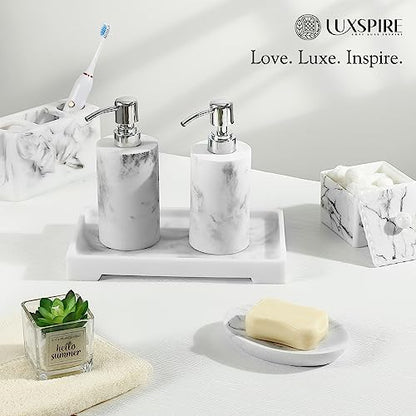 Luxspire Marble Tray for Soap Dispenser Perfume Jewelry, S, Marble White | 11 x 4 inch, non-slip waterproof resin, easy wipe clean, fits bath kitchen vanity, holds jewelry toiletries soap - color: B - White Marble, style: Small