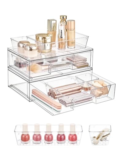 Vtopmart 12-Pack Clear Makeup Organizer Set with Drawer Organizer Bins | 2 Pack Stackable Storage Drawers & 10 Pack Drawer Organizer for Vanity Cosmetic, Bathroom Countertop, Desk - style: 2pack Wide Drawers with bins