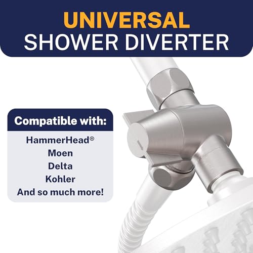 HammerHead Showers® Solid Metal 3 Way Shower Diverter Valve - Shower Arm Diverter Connects Fixed and Hand Held to Shower Arm - Shower Diverter for Dual Shower Head - Shower Splitter - Brushed Nickel - color: Brushed Nickel