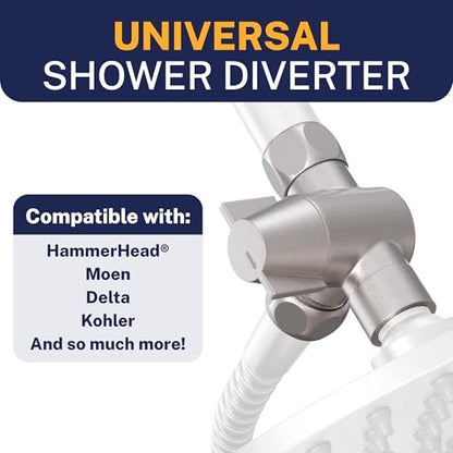 HammerHead Showers® Solid Metal 3 Way Shower Diverter Valve - Shower Arm Diverter Connects Fixed and Hand Held to Shower Arm - Shower Diverter for Dual Shower Head - Shower Splitter - Brushed Nickel - color: Brushed Nickel