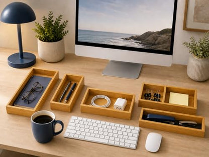 5-Piece Bamboo Drawer Organizer Set – Versatile Storage Trays for Kitchen, Bathroom, Office, Makeup, Jewelry & More – Drawer Dividers, Utensil Organizer & Storage Bin Set (5 Pieces)