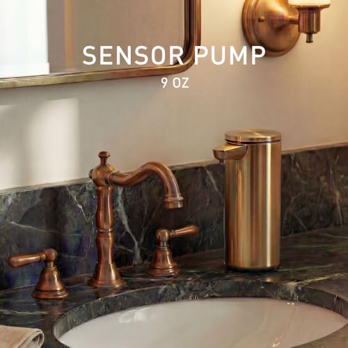 simplehuman Liquid Sensor Pump, 9 oz Automatic Soap Dispenser for Kitchen and Bathroom, Touchless Motion Sensor, Variable Dispense, Rechargeable, No-Drip Spout, High-Grade Brass Stainless Steel - color: Brass, style: 9 Oz.