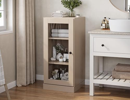 100% Solid Wood 16.5"" Bathroom Storage Cabinet with Clear Glass Door & Adjustable Shelves - color: Beige, style: Clear Glass Door