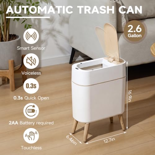 Motion Sensor Bathroom Trash Can with Lid，Slim Automatic Wastebasket | Narrow, Plastic, Auto,Convenient and Hygienic Easy to Use，2.6 gallon Small Garbage Can for Bedroom,Office, Living Room(White) - color: White