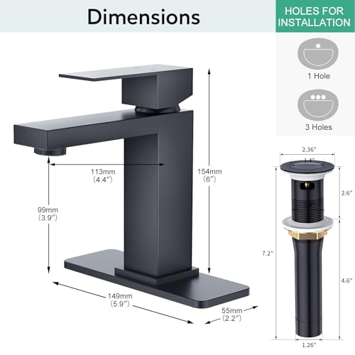 Faustina Matte Black Bathroom Faucet, Single Handle Stainless Steel Bathroom Vanity Faucet with Metal Pop-Up Drain and Deck Plate for 1 or 3 Hole - color: Black, style: Classic