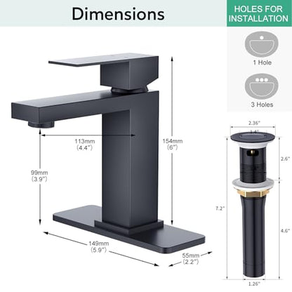 Faustina Matte Black Bathroom Faucet, Single Handle Stainless Steel Bathroom Vanity Faucet with Metal Pop-Up Drain and Deck Plate for 1 or 3 Hole - color: Black, style: Classic