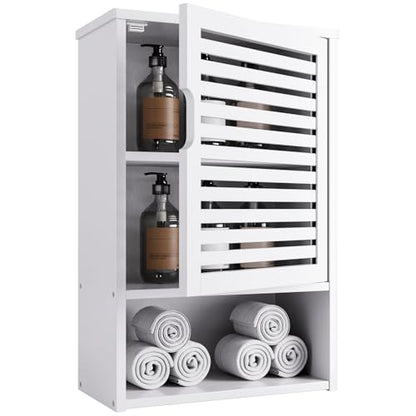 HITNET Bathroom Cabinet Over Toilet, White Medicine Cabinet, Hanging Cupboard with Single Door and Open Bottom Shelf, Wall Mounted Bamboo Storage Organizer - color: White