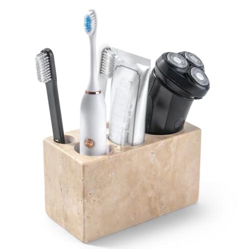 BCS Travertine Toothbrush Holder for Bathrooms, 6 Slots Open-Bottom Marble Toothbrush Organizer, Makeup Brush Stand Toothbrush Storage Collection for Bathroom Countertop Vanity Organization - Beige - color: Light Beige, size: 6 Slots (Rectangle)