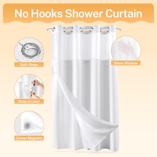 River Dream Cotton Blend Fabric Shower Curtain Set with Liner, White, 54x80 | Waffle Weave, No Hook Needed, with Snap in Replacement Liner, Top Sheer Window, Hotel Quality Fabric for Bathroom - color: White, size: 54"W x 80"L (Pack of 1)