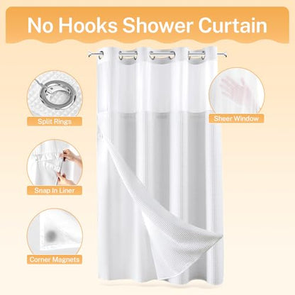 River Dream Cotton Blend Fabric Shower Curtain Set with Liner, White, 54x80 | Waffle Weave, No Hook Needed, with Snap in Replacement Liner, Top Sheer Window, Hotel Quality Fabric for Bathroom - color: White, size: 54"W x 80"L (Pack of 1)