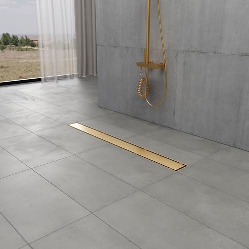 Kingston BSF2827 Stainless Steel Linear Shower Drain, Brushed Brass | Watercourse collection; With reversible tile insert and flat grate; Stainless steel construction for long lasting performance - color: Brushed Brass